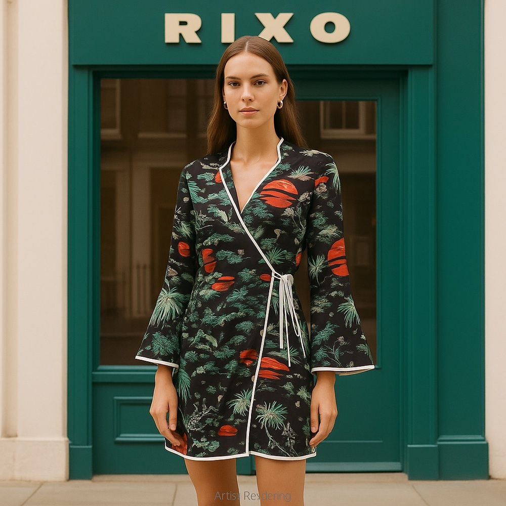 RIXO London "Iris" Wrap Mini Dress — Planetary Jungle Print, Size M, NWT